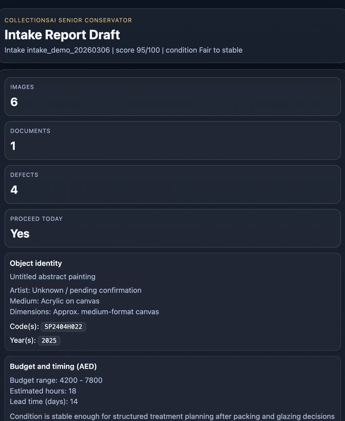 CollectionsAI intake report draft showing object identity, evidence counts, and budget timing.